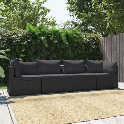 Set de sofás de jardín 4 piezas y cojines ratán sintético negro