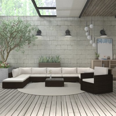 Set muebles de jardín 11 piezas con cojines ratán sintético marrón