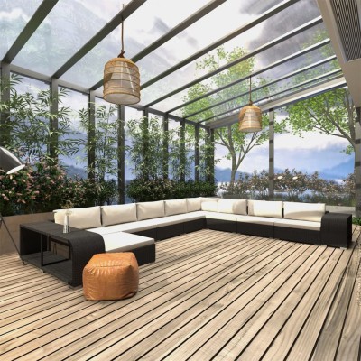 Set muebles de jardín 11 piezas con cojines ratán sintético negro