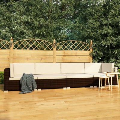 Set sofás de jardín 4 piezas y cojines ratán sintético marrón