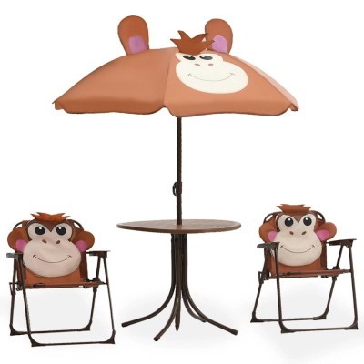 Mesa y sillas de jardín infantil 3 piezas con sombrilla marrón