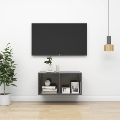 Mueble TV de pared madera contrachapada gris brillo 37x37x72 cm