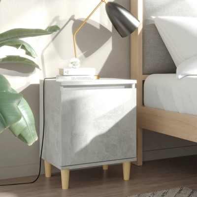 Mesita de noche patas madera maciza gris hormigón 40x30x50 cm