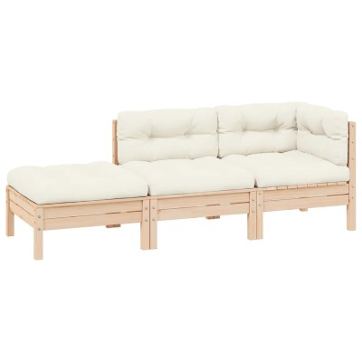 Muebles de jardín 3 piezas madera maciza pino con cojines crema