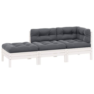 Juego muebles jardín 3 pzas cojines blanco madera pino maciza