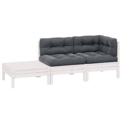 Juego de muebles de jardín 3 pzas y cojines blanco madera pino