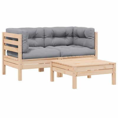 Juego muebles de jardín 3 pzas cojines gris madera pino maciza