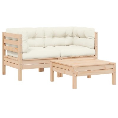 Muebles de jardín 3 piezas madera maciza pino con cojines crema