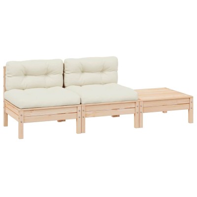 Muebles de jardín 3 piezas madera maciza pino con cojines crema