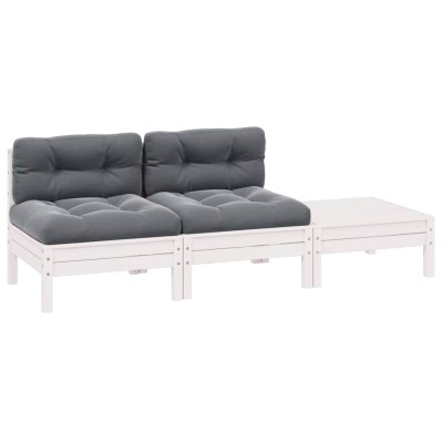 Muebles de jardín 3 pzas y cojines blanco madera maciza pino