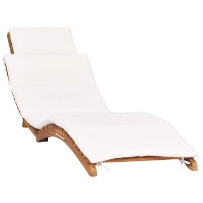 Tumbona plegable con cojín blanco crema madera maciza de teca