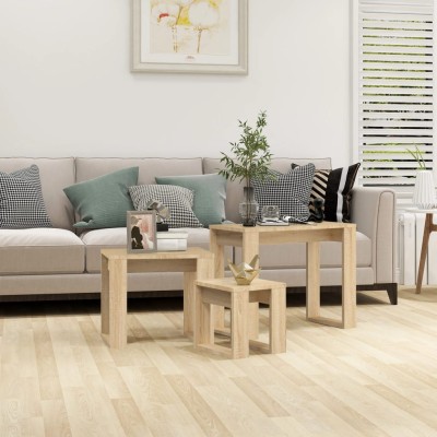 Mesas apilables 3 pzas madera contrachapada color roble Sonoma